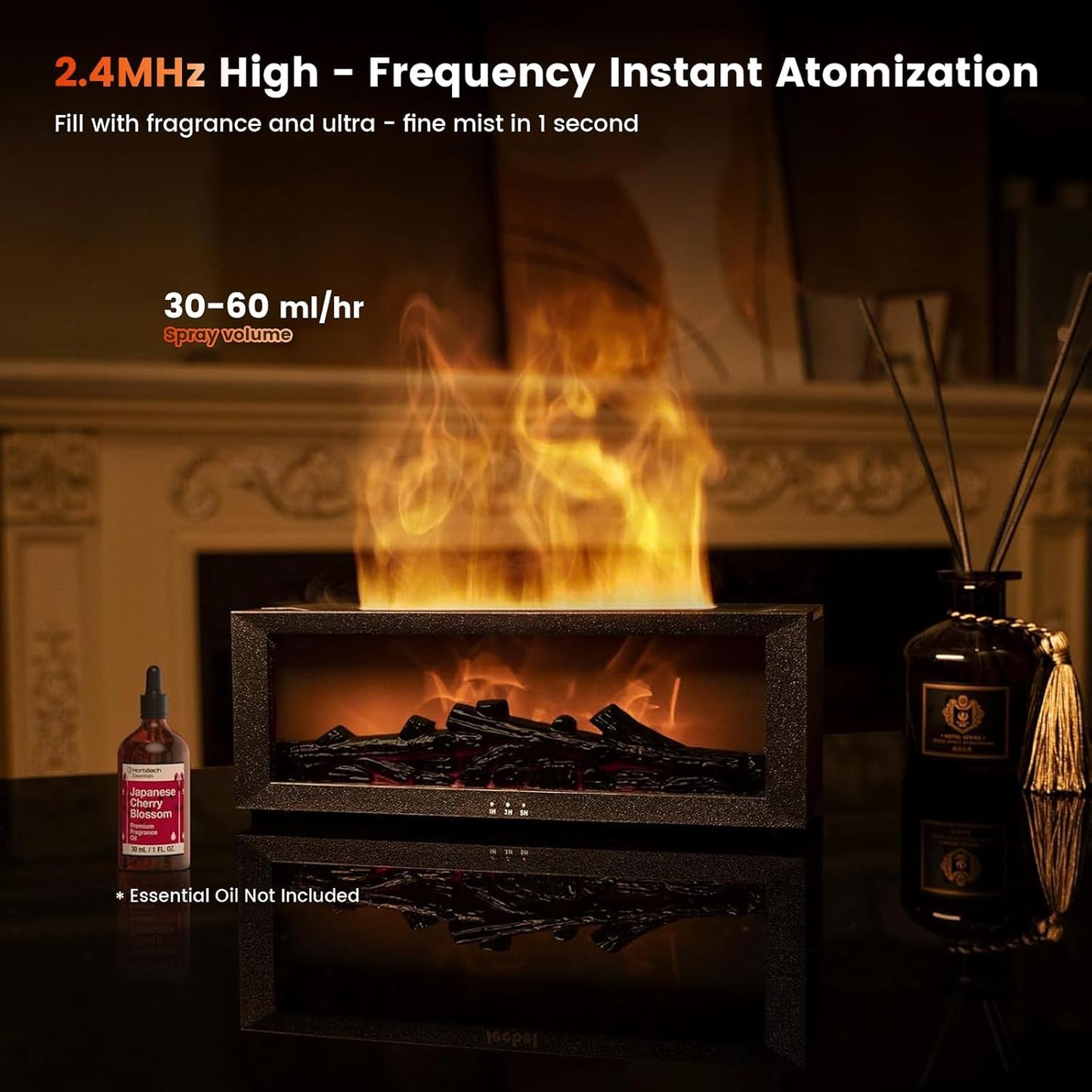 Fireplace Diffusers for Essential Oils Fireplace Humidifier with Remote 150Ml Fireside Ultrasonic Humidifier Bonfire Flame Diffuser with 7 Colors Light for Home Room Office (Black)