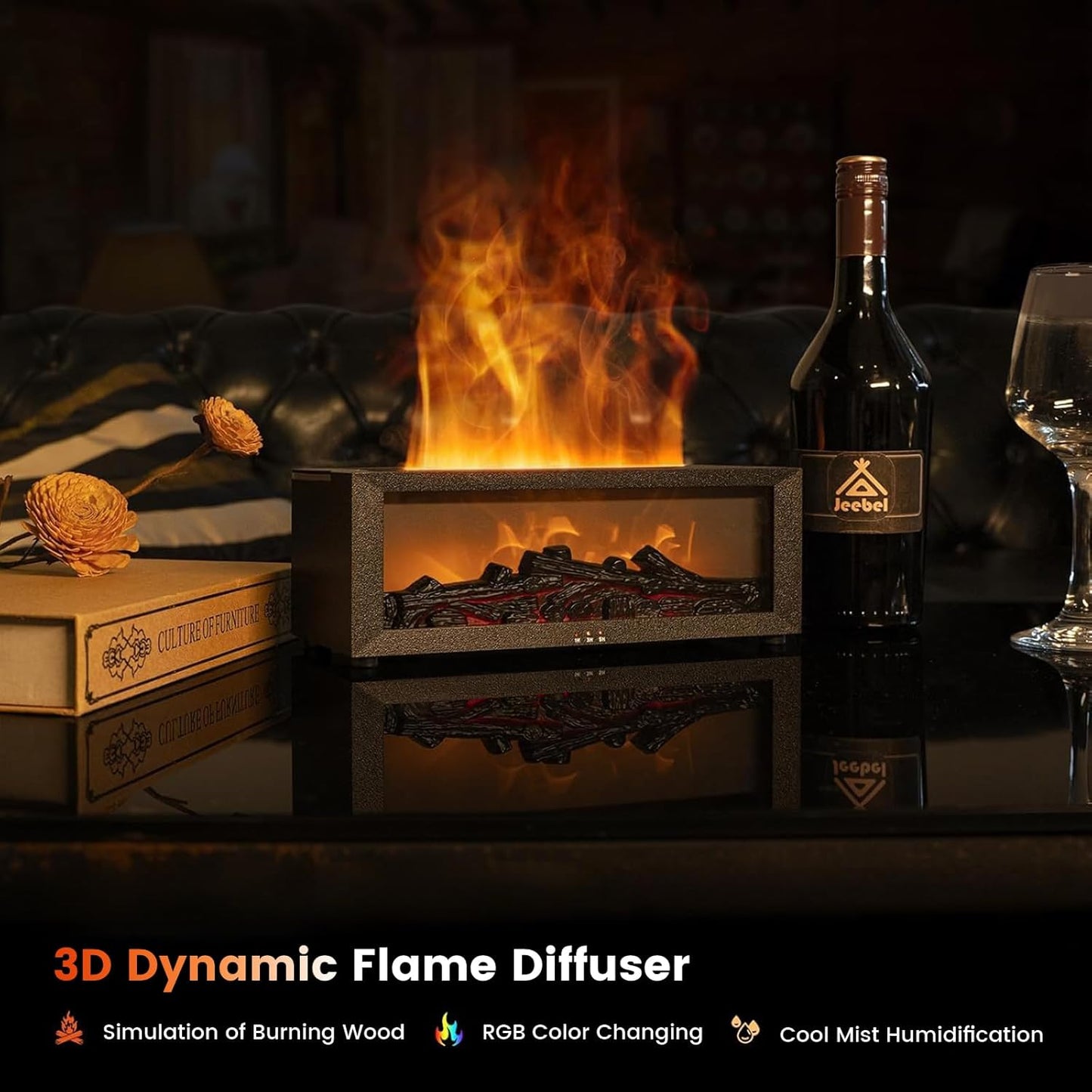 Fireplace Diffusers for Essential Oils Fireplace Humidifier with Remote 150Ml Fireside Ultrasonic Humidifier Bonfire Flame Diffuser with 7 Colors Light for Home Room Office (Black)